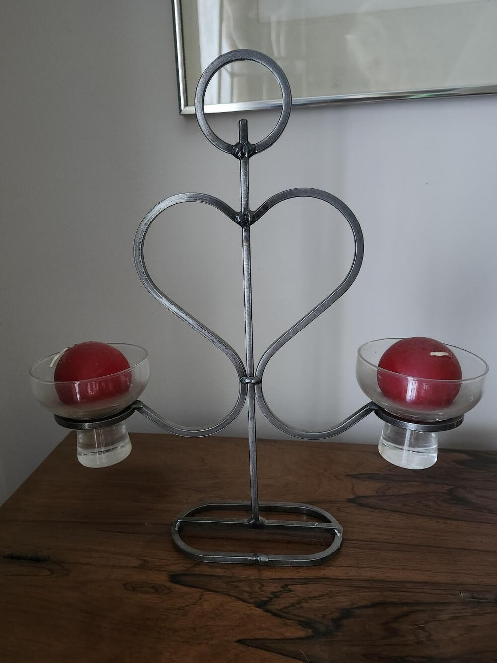 Scandinavian Modern Danish Hand Forged Iron Candelabra w Glass Votives w Candles